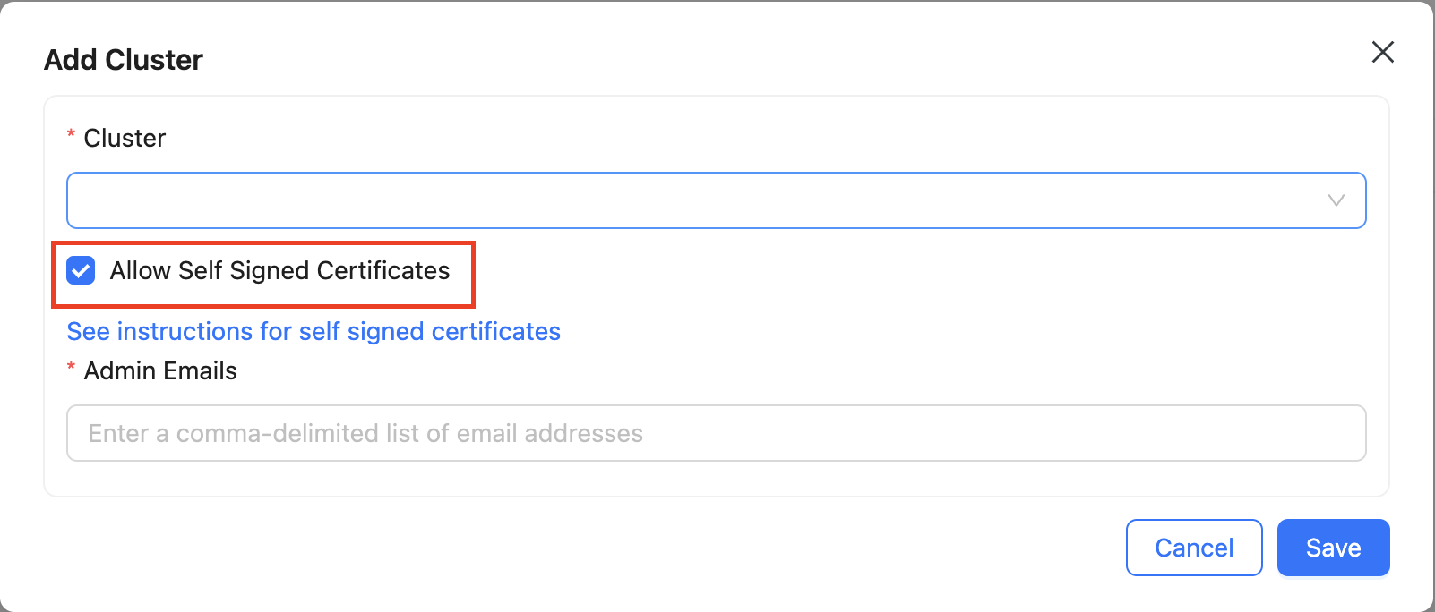 Self Signed Certs Checkbox